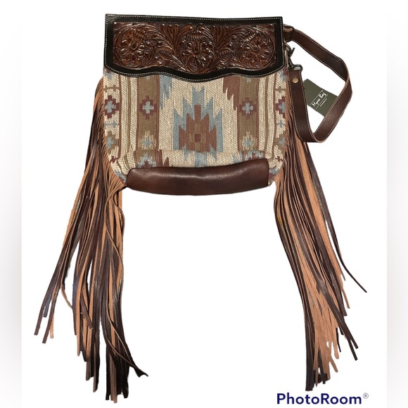 Myra Bag Bags Myra Bag Tooled Iris Western Saddle Blanket Fringe